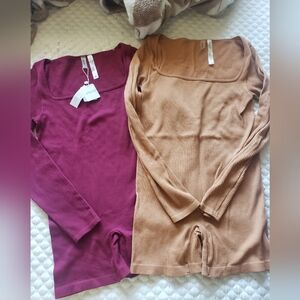 Long Sleeve Ribbed Bodysuits in Burgundy and Tan